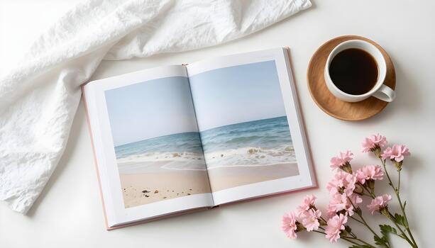 cozy morning with coffee and a book featuring a serene beach scene photo